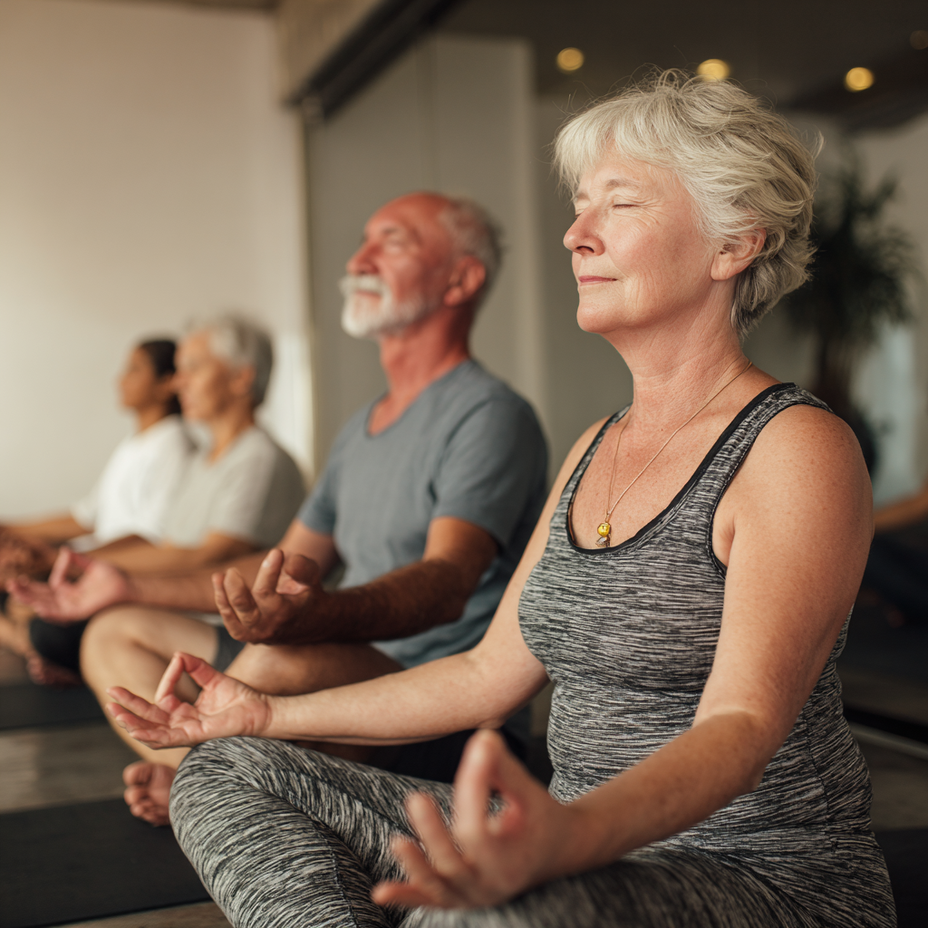 Seniors practicing gentle yoga poses in peaceful studio environment