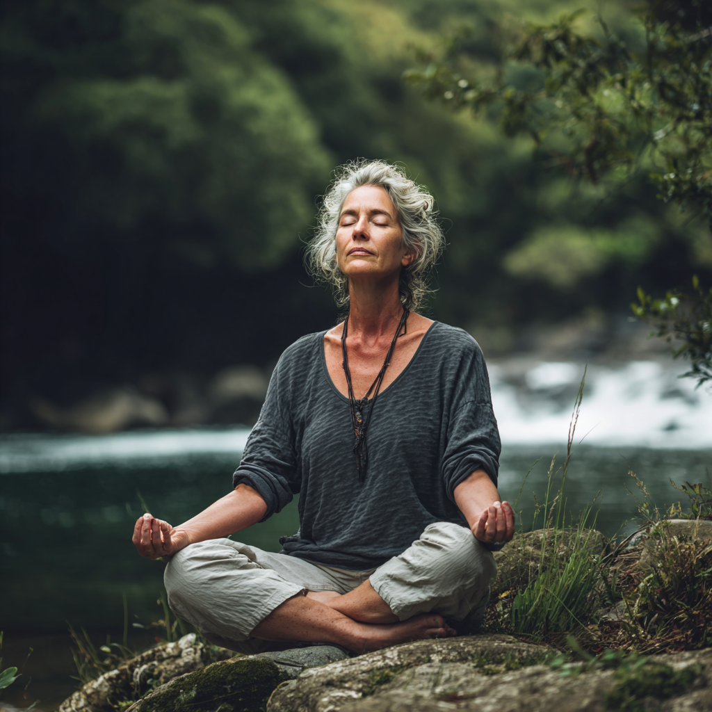 Peaceful mature woman practicing meditation in natural setting